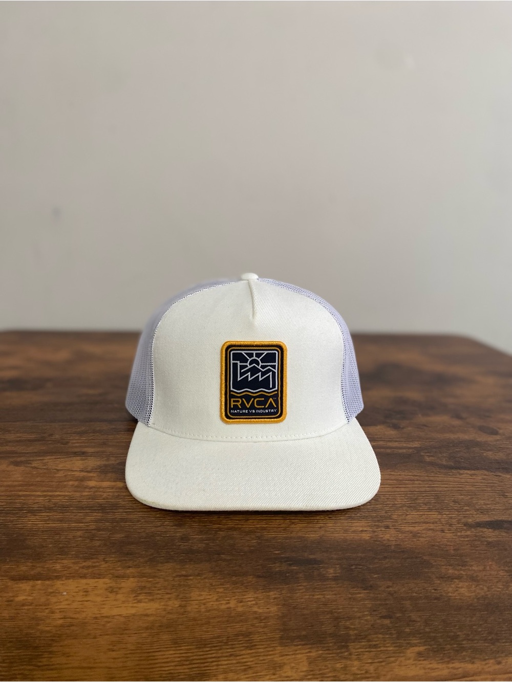 RVCA White Mesh Trucker Hat with Gold/Black Sunrise Patch